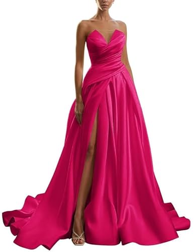 Generisch TräGerlose Brautkleider FüR Damen FüR Die Braut Langes Satin-Ballkleid Mit V-Ausschnitt Und Hohem Schlitz äRmellos Hot Pink M von Generisch