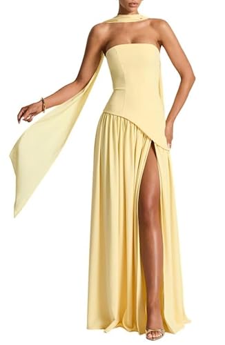 Generisch Trägerlos Brautjungfer Kleid mit Halstuch Chiffon Lang Formale Abendkleider Korsett Abendkleid mit SchlitzGelb 46 von Generisch