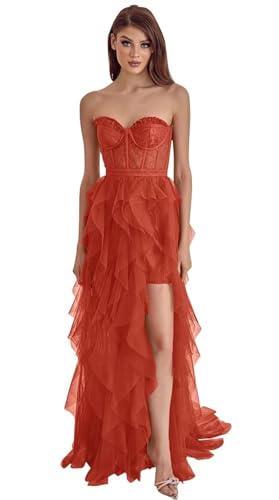 Generisch Trägerlose Tüllkleider Lange Geteilte Plisseekleider Formelle Abendkleider mit Schleppe Frauenherz Gürtel Partykleider Burnt Orange XS von Generisch