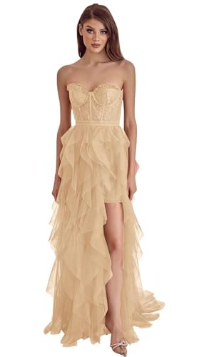 Generisch Trägerlose Tüllkleider Lange Geteilte Plisseekleider Formelle Abendkleider mit Schleppe Frauenherz Gürtel Partykleider Champagne S von Generisch