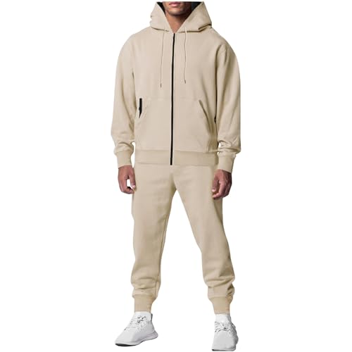 Generisch Trainingsanzug Herren Baumwolle Jogginganzug Sportanzug Set Y2k Tracksuit Solid Color Kapuzenpullover Weich Freizeitanzug Zweiteiler 2-Teilig Fitness Sport Anzug Beige L von Generisch