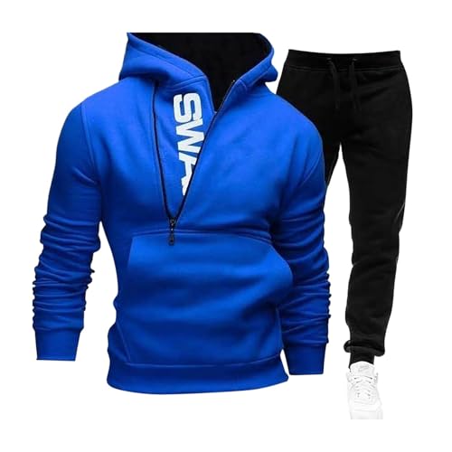 Generisch Trainingsanzug Herren Farbblock Reißverschluss Regular Jogginganzug Set mit Taschen mit Kapuzenpullover und Sporthose Zweiteiliger Sportanzug Casual Bequemer Tracksuit von Generisch