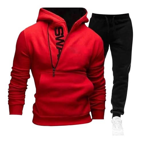 Generisch Trainingsanzug Herren Farbblock Reißverschluss Regular Jogginganzug Set mit Taschen mit Kapuzenpullover und Sporthose Zweiteiliger Sportanzug Casual Bequemer Tracksuit von Generisch