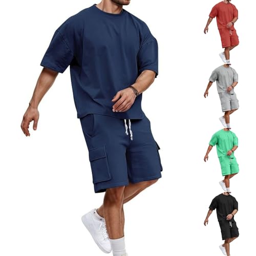 Generisch Trainingsanzug Herren Kurz Oversized Jogginganzug Zweiteiler Einfarbig Sets mit Tshirt und Kurze Cargohose für Herren Sommer Outdoor Sportanzug Y2K Trendy Streetmode Freizeitanzug von Generisch