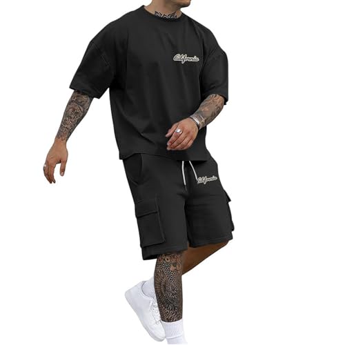 Generisch Trainingsanzug Herren Kurz Oversized Jogginganzug Zweiteiler Einfarbig Sets mit Tshirt und Kurze Cargohose für Herren Sommer Outdoor Sportanzug Y2K Trendy Streetmode Freizeitanzug von Generisch