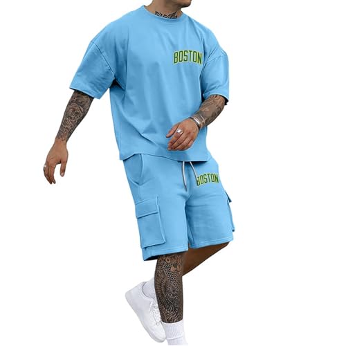 Generisch Trainingsanzug Herren Kurz Oversized Jogginganzug Zweiteiler Einfarbig Sets mit Tshirt und Kurze Cargohose für Herren Sommer Outdoor Sportanzug Y2K Trendy Streetmode Freizeitanzug von Generisch