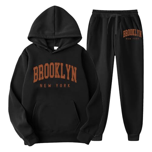 Generisch Trainingsanzug Herren Lang Jogginganzug Damen Brooklyn Hoodie Mit Hose Schwarz Set Sportanzug 2 Teiliges Outfit Tracksuit Men Jogging Freizeitanzug Herbst Winter Outfit Laufen Set von Generisch