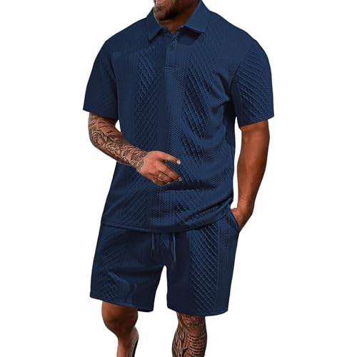 Generisch Trainingsanzug Herren Sommer Bequeme Jogginganzug Jacquard Sportanzug Zweiteiliges Revers Poloshirt und Kurze Hose Einfarbig Sweatsuit Sets Leicht Dünn Tracksuit Workout Laufen Outfit von Generisch