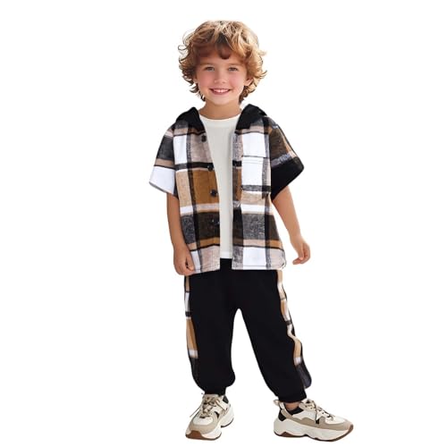Generisch Trainingsanzug Kinder Kurzarm Patchwortk Plaid Prints Hemd Jacker mit Kapuze und Jogginghose Set 2 Teiliges Sportanzug Kinder Jogginganzüge Jungen Freizeitanzug Hip Pop Streetwear von Generisch