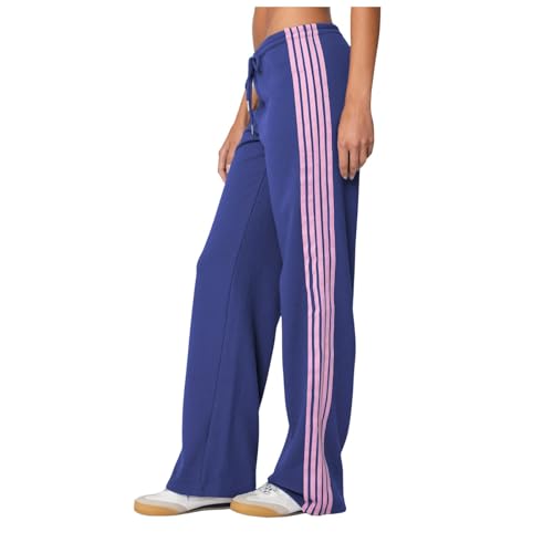 Generisch Trainingshose für Damen Seitenstreifen Freizeithose Low Waist Sporthose Retro Jogginghose mit weitem Bein Bequem Jogginghose Damen Locker Palazzo Hose Sweatpants Fitnesshose (Blau, M) von Generisch