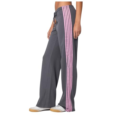 Generisch Trainingshose für Damen Seitenstreifen Freizeithose Low Waist Sporthose Retro Jogginghose mit weitem Bein Bequem Jogginghose Damen Locker Palazzo Hose Sweatpants Fitnesshose (Grau, M) von Generisch