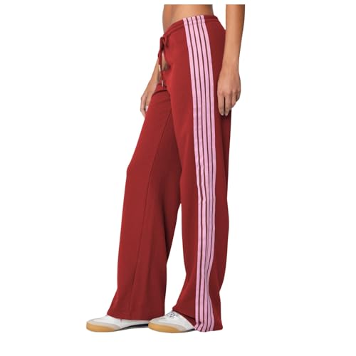 Generisch Trainingshose für Damen Seitenstreifen Freizeithose Low Waist Sporthose Retro Jogginghose mit weitem Bein Bequem Jogginghose Damen Locker Palazzo Hose Sweatpants Fitnesshose (Rot, XL) von Generisch