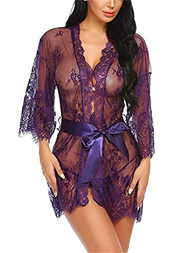 Generisch Transparenter Kimono-Mantel Aus Mesh-Spitze Für Damen Sexy Babydoll-Bademäntel Mit V-Ausschnitt Durchsichtiges Chemise Nachthemd Vertuschen Nachtwäsche (Violett,5XL) von Generisch