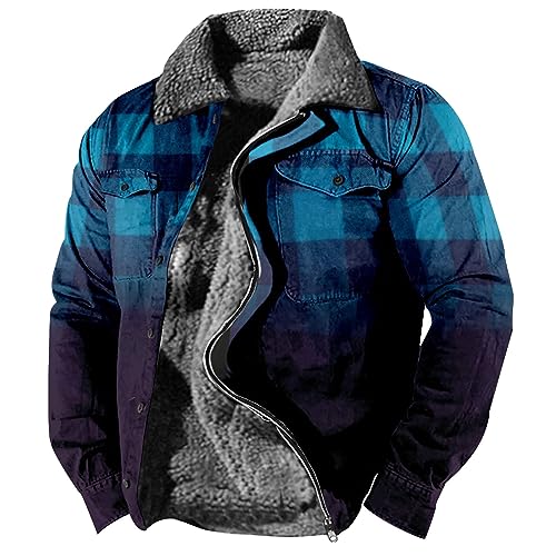 Generisch Trench Coat Men, Herren Plaid Print Fleece Verdickter Mantel Jacke Casual Fashion Warmer Men's Leather Jacket Motorrad Hoodie Mit Protektoren Woolpower 400 Vest Westen Teenager (M, Blau) von Generisch