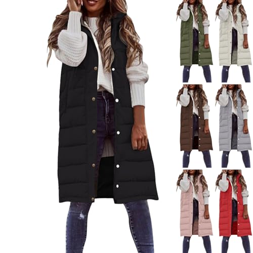 Generisch Trenchcoat Damen, Womens Jacket, Steppweste Lang Weste Steppjacke Leicht Mit Kapuze Lange Übergangsjacke Herbst Ärmellose Winterjacke Warm Große Größen Winter Jacke von Generisch