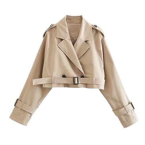 Generisch Trenchcoat Damen Kurz Revers Zweireiher Cropped Windjacke, Mantel Klassische Einfarbig Jacke Winddichter Übergangsmantel Jacke Casual Langarm Zweireiher Kurz Trenchcoat mit Gürtel von Generisch