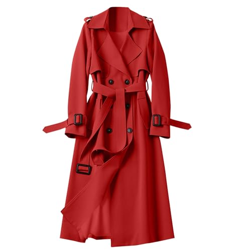 Generisch Trenchcoat Damen Lang Winddichter Übergangsjacke Plus Size Jacke mit Gürtel Double Breasted Mantel Leichte Revers Windjacke Einfarbig Übergangsmantel Klassische Windbreaker Freizeitjacke von Generisch