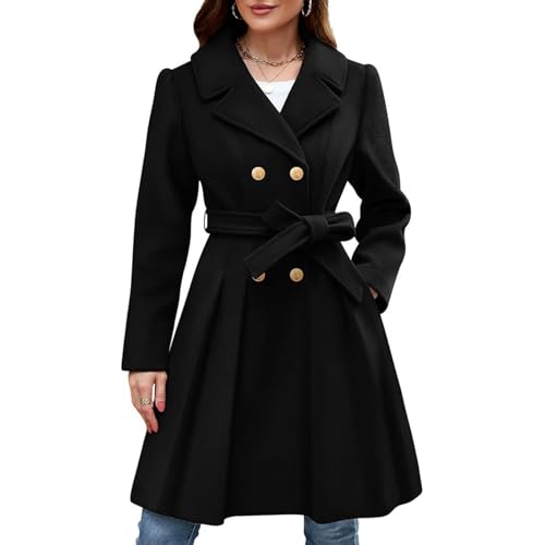 Generisch Trenchcoat Damen Lang Winterjacke Warm Elegant Wollmantel Dicke Oversize Damen-Jacken Umlegekragen Wintermantel Mit Knöpfen Übergangsjacke Frauen A-Linie Mantel Mit Gürtel Wolljacke von Generisch