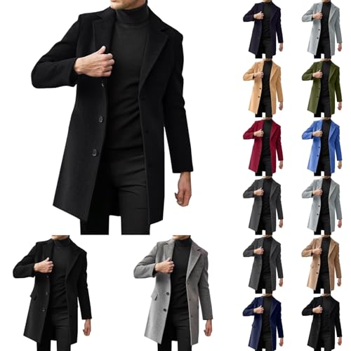 Generisch Trenchcoat Herren Jacke Lang Wollmantel Herren Mantel Einfarbiger Winterjacke Mit Button Winter Warm Ohne Kapuze Windjacke Fleece Bequem Fit Softshelljacke von Generisch
