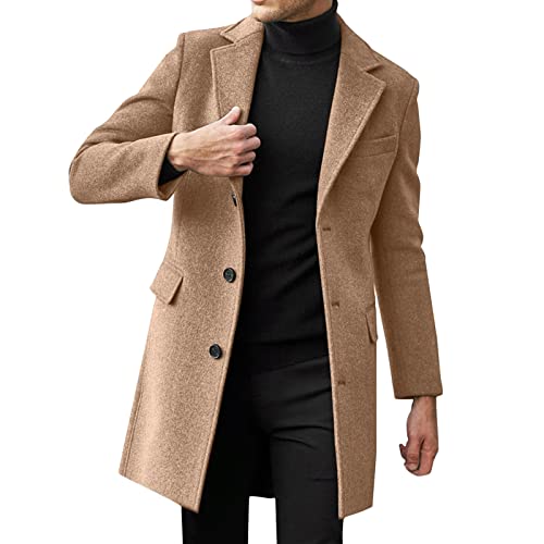 Generisch Trenchcoat Herren Jacke Lang Wollmantel Herren Mantel Einfarbiger Winterjacke Mit Button Winter Warm Ohne Kapuze Windjacke Fleece Bequem Fit Softshelljacke von Generisch