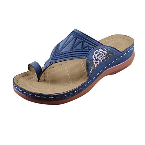 Generisch Trendy Damen Sandalen mit Keilabsatz Bequeme Clipsandalen für Frauen Stickmuster Komfortable Fersensandalen für Freizeit Alltag (Blue, 39) von Generisch