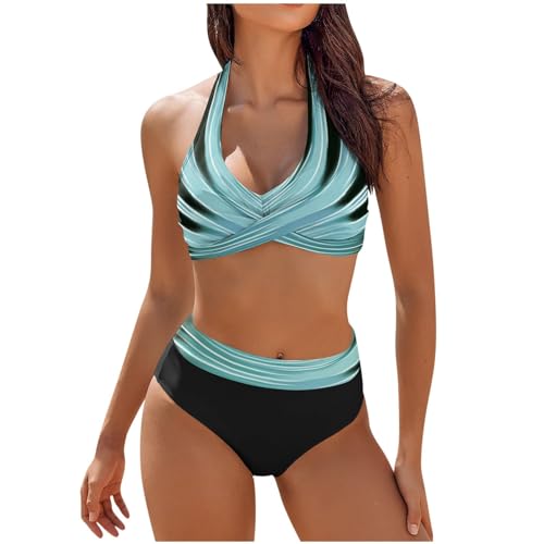 Generisch Triangel Bikini Damen,-Set Mit Hoher Taille Zweiteilig Farbblockierung Floral Bedruckt Brustkreuz Bikini Badebekleidung Oberteil Bügel Strandkleid Damen Bikini Set Bikini (L, Hellblau) von Generisch