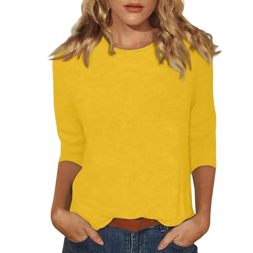 Generisch Tshirt Damen Oversize Oberteil Damen 3/4 Ärmel Blusen Damen Für Damen Polyester Hemdbluse 3/4 Ärmel Weic Blusentop Maedchen Crewneck Große Größen Gelb XXL 218 von Generisch