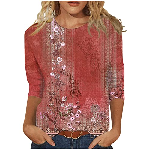 Generisch Tshirt Damen Oversize Oberteil Damen 3/4 Ärmel Blusen Damen Für Damen Polyester Hemdbluse 3/4 Ärmel Weic Blusentop Maedchen Crewneck Große Größen Rot XL 54 von Generisch