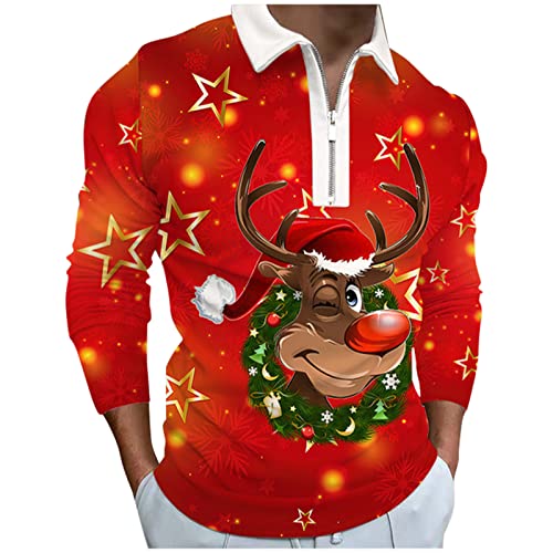 Generisch Tshirt Herren,-Weihnachtshemden Casual Print Langarm Zipper Revers Tops Bluse Weihnachts T Shirt Hemd Man T Weihnachtspullovee Christmas Shirt Weihnachtpulli Shirt (L, Rot) von Generisch