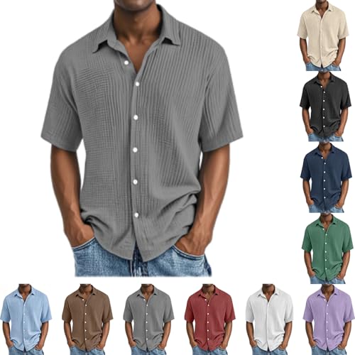 Generisch Tshirt Herren,Musselin Leinen Hemden Kurzarm Leicht Sommerhemd Button Down Freizeithemd mit Brusttasche Bequem Atmungsaktiv Kurzarmhemd Strandhemd Urlaub von Generisch