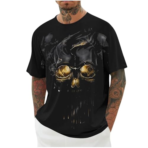Generisch Tshirt Herren Oversize T-Shirt mit Totenkopf Männer Baumwolle Shirt Sommer Herren-T-Shirt Kurzarm Skeleton Longshirt Große Größen lustige Y2k Streetwear Schwarz XXL von Generisch