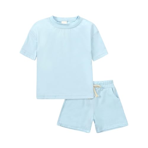 Tshirt Set Mädchen Kinder Kurzarm Shorts Kurze Hosen mit Tasche 2 Teiler Baumwoll Bekleidungssets Baggy Einfarbig Schlafanzug Lässige 2 Stück Sportbekleidung Jogging (Sky Blue, 12-13 Years) von Generisch