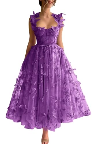 Generisch Tüll 3D Schmetterlinge Ballkleider für Teenager Spaghetti Riemen Bestickt Formal Abendkleider Sweetheart Teelänge Partykleid Purple 40 von Generisch