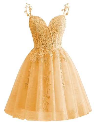 Generisch Tüll Homecoming Kleid Spitze Applique Teens Kurzes Ballkleid Cocktailkleider Gold 46 von Generisch