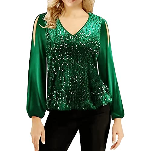 Generisch Tunika Damen Elegant Pailletten Oberteil Festliche Bluse 3/4 Arm Tunika Lässig Rundhals Glitzer Oberteile Langarmshirt Glitzer Oberteile Festlich Silber Damenbluse Sommer Top von Generisch