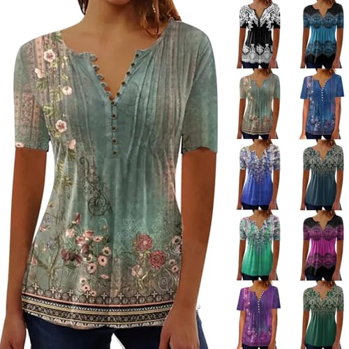 Generisch Tunika Damen Sommer Elegant Komfortabel Bluse V-Ausschnitt Tops Knöpfe Bluse Kurzarm Sommer Oberteile Lässig Blusen Drucken Blumen Tops Casual Falten Tunika 2025 von Generisch