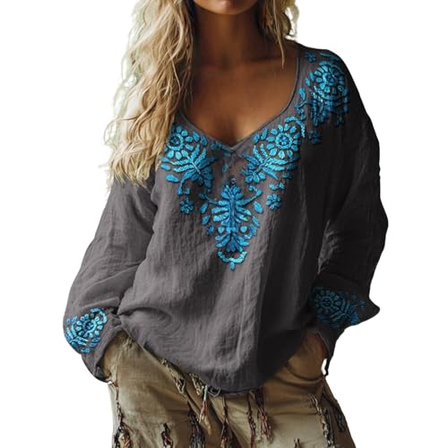 Generisch Tunika Frauen Sommer Strand-Hippie Bluse Frauen Sommer Langarm V-Ausschnitt Vintage-Stil Boho Blumenhemd mit lockere Blumenmuster Tunika Damen-Oberteil Blusenshirt Ausgefallene Strandhemd von Generisch