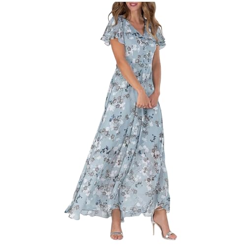 Generisch Tunika Kleid, Sommerkleid Damen Lang Elegant Sommer Blumenkleid Maxikleid Casual Strandkleider Boho RüSchen Leichte Freizeitkleid Freizeit Mode Wickelkleid Abendkleid, Light Blue von Generisch