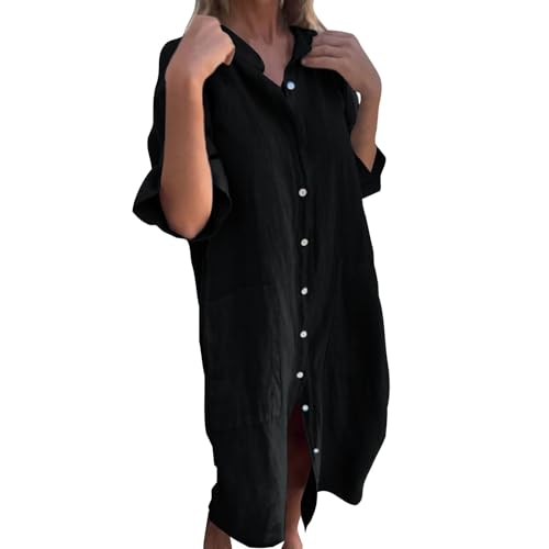 Generisch Tunika Kleid Damen Lang Halbarm Maxikleid Damen Sommer Elegant Blusenkleid mit Knopfleiste Sommerkleider Damen Leicht Und Luftig Damenkleider Stehkragen Kleid mit Taschen Strandkleid Locker von Generisch