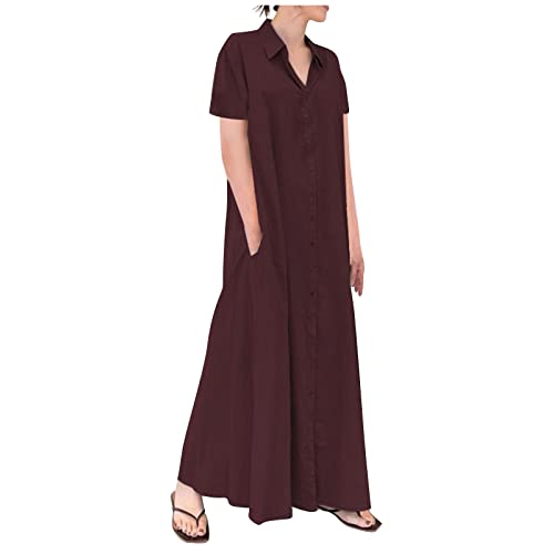 Generisch Tunika Kleid Damen Sommer Lang Maxikleid Damen Sommer Elegant Kurzarm Sommerkleid mit Knopfleiste Sommerkleid Damen Leicht Und Luftig Blusenkleid mit Taschen Kleider mit Kragen Strandkleid von Generisch