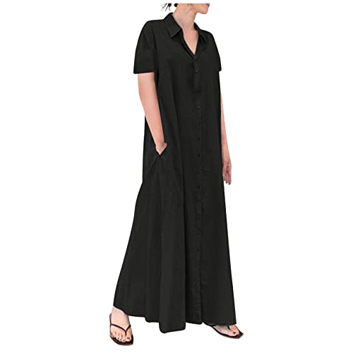Generisch Tunika Kleid Damen Sommer Lang Maxikleid Damen Sommer Elegant Kurzarm Sommerkleid mit Knopfleiste Sommerkleid Damen Leicht Und Luftig Blusenkleid mit Taschen Kleider mit Kragen Strandkleid von Generisch