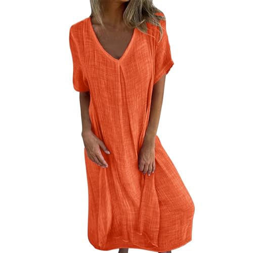 Generisch Tunika Kleid Damen Sommer Sommerkleider Damen Leinenkleid Leicht V Ausschnitt Strandkleid Kurzarm Musselin Kleid Blusenkleid Locker Maxikleid Damen Sommer Langes Sommerkleid Freizeitkleid von Generisch