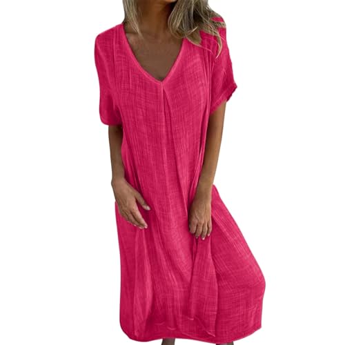 Generisch Tunika Kleid Damen Sommerkleider Leinenkleid Leicht V Ausschnitt Strandkleid Kurzarm Musselin Kleid Blusenkleid Locker Maxikleid Damen Sommer Langes Sommerkleid Freizeitkleid von Generisch