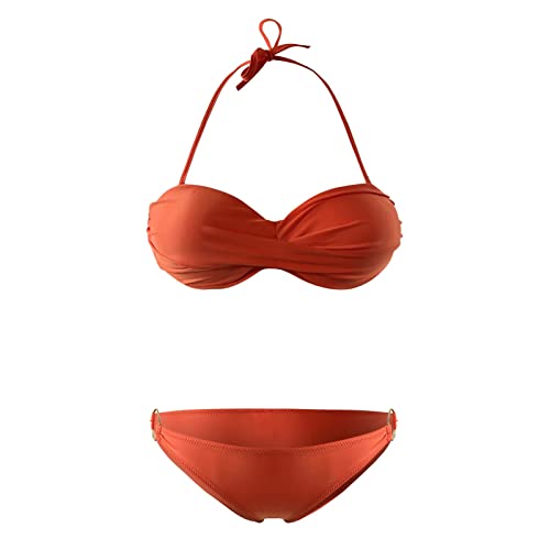 Generisch Twist Push Up Bandeau Bikini mit Niedriger Taille Ring Cutout Tanga Bademode Bauchweg Badeanzug(Orange, XL) von Generisch