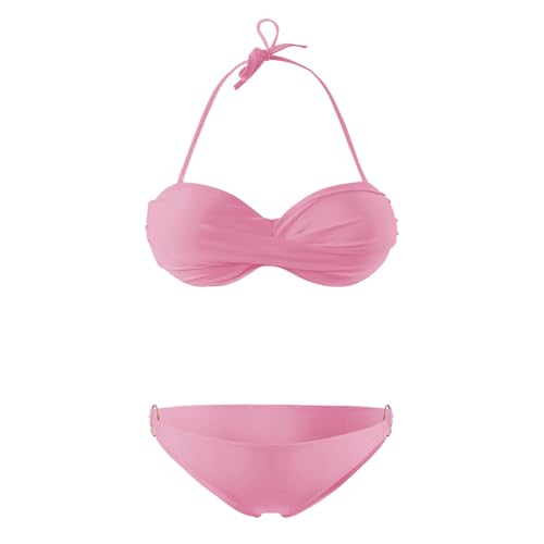 Generisch Twist Push Up Bandeau Bikini mit Niedriger Taille Ring Cutout Tanga Bademode Bauchweg Badeanzug(Rosa, M) von Generisch
