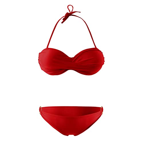 Generisch Twist Push Up Bandeau Bikini mit Niedriger Taille Ring Cutout Tanga Bademode Bauchweg Badeanzug(Rot, M) von Generisch