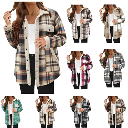 Generisch Übergangsjacke Damen Karierte Revers Fleecejacke mit Taschen Knöpfen Bluse Herbst Winter Hemdjacke Thermo Gefütterte Flanellmantel Warm Plüschmantel Langarm Loose Holzfällerjacke von Generisch