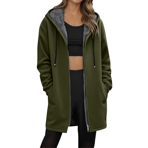 Generisch Übergangsjacke Damen Teddyjacke Hoodie Mit Kapuze Lang Warm Fleecejacke Langarm Winterjacke Wintermantel Plüschjacke Elegant Herbstjacke 03 Armeegrün M von Generisch
