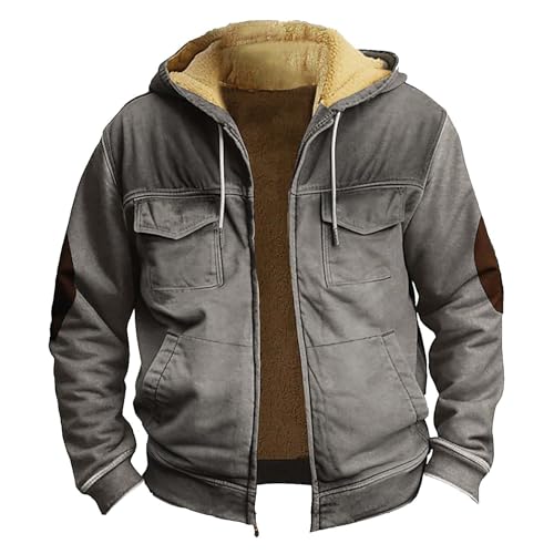 Generisch Übergangsjacke Herren, Herrenjacke Mit Verdickter Knopfleiste Wintereinsatz Baumwolljacke Kapuze Und Doppeltasche Winter Jackets for Herren Motorradjacke Wintermantel Lang (3XL, Grau) von Generisch