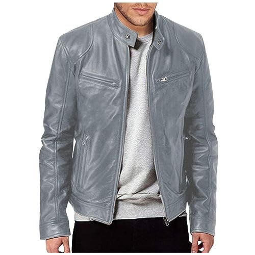 Generisch Übergangsjacke Herren, Lederjacke Bikerjacke Freizeitjacke Casual Klassisch Mit Reißverschluss Herren Winter Pilotenjacke Motorrad Lang Kapuze Motorradlederjacken Jacket (XXL, Grau) von Generisch